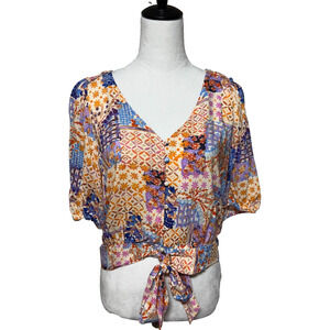 Rose + Olive Top Womens Large Blue Orange Patchwork Crop Tie Front Puff Sleeve
